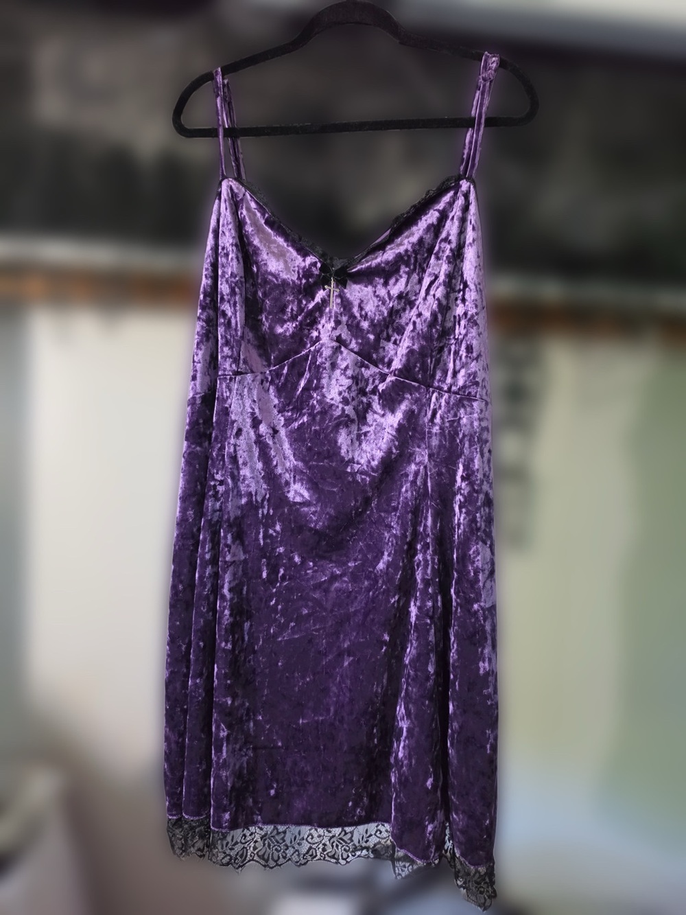 Aura Plus Size Crushed Velvet Chemise with Black Lace - Purple - Picture 2 of 5